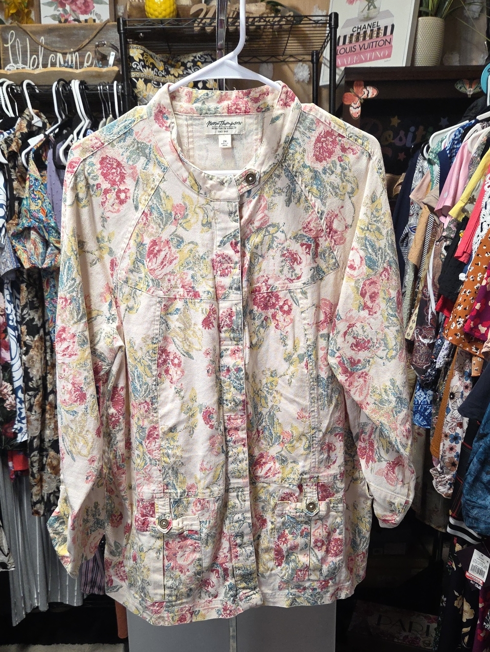Floral Lightweight Button Jacket in Cream, Pink & Green